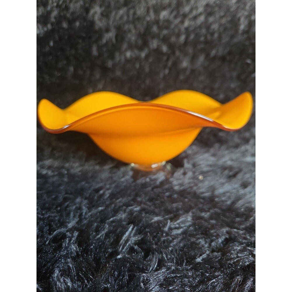 Vtg Teleflora Gift Vibrant Orange Glass Bowl with Ruffled Rim on Clear Pedestal - Picture 3 of 9